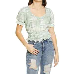 Good Luck Gem Short Sleeve Ruffle Top In Light Green Print Size L